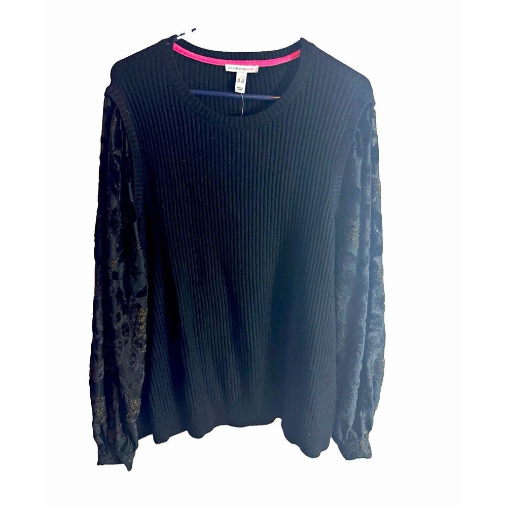 Isaac Mizrahi Live! Women’s 3X Plus Black Rib-Knit Lace Sleeve Crew Pullover